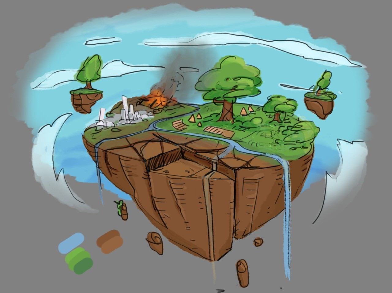 drawing of a landscape on the surface of a rock floating in the air.